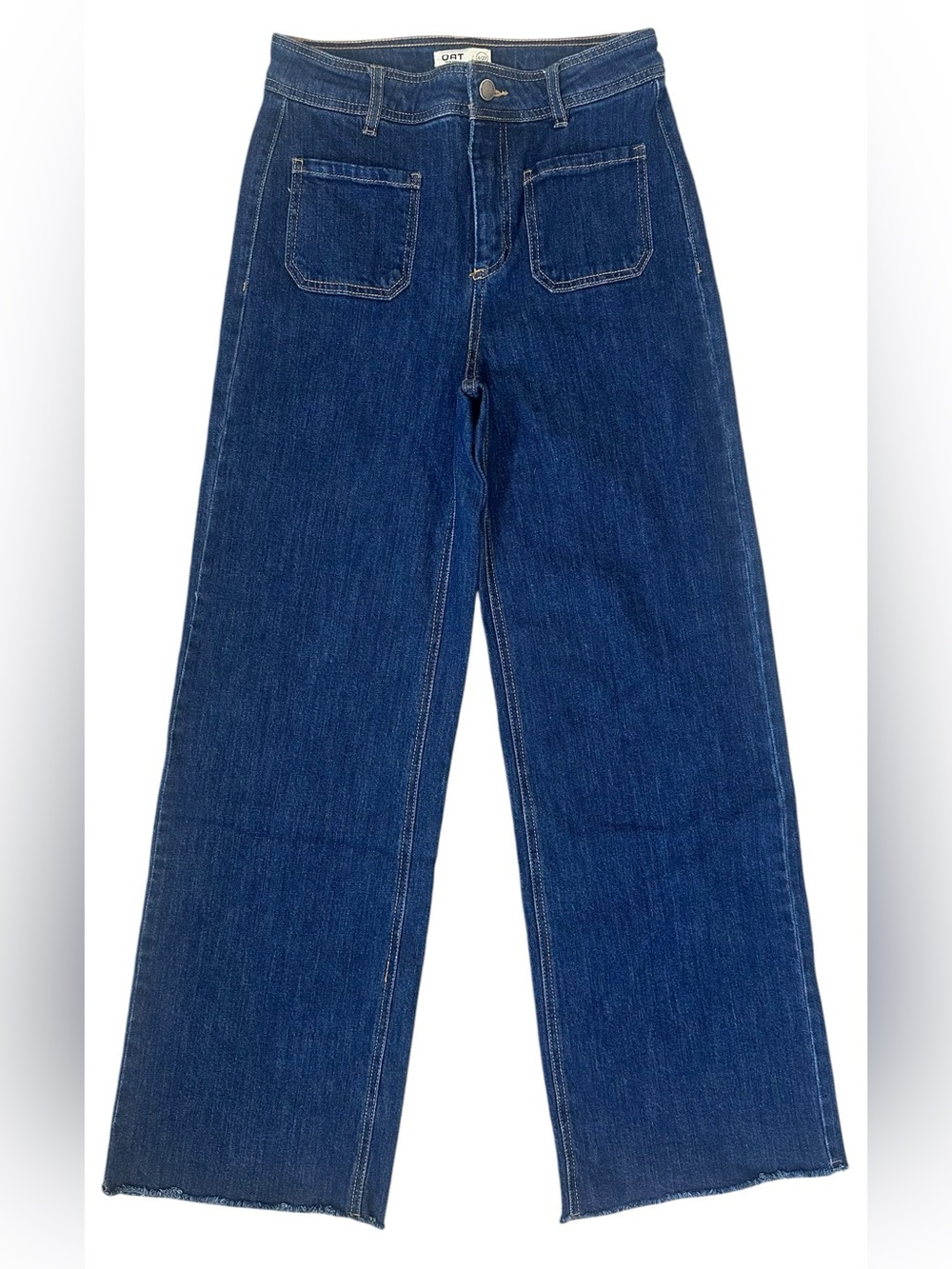 OAT New York High Rise Zipper Fly Dark Wash Raw Hem Straight Wide Leg Jeans 4/27